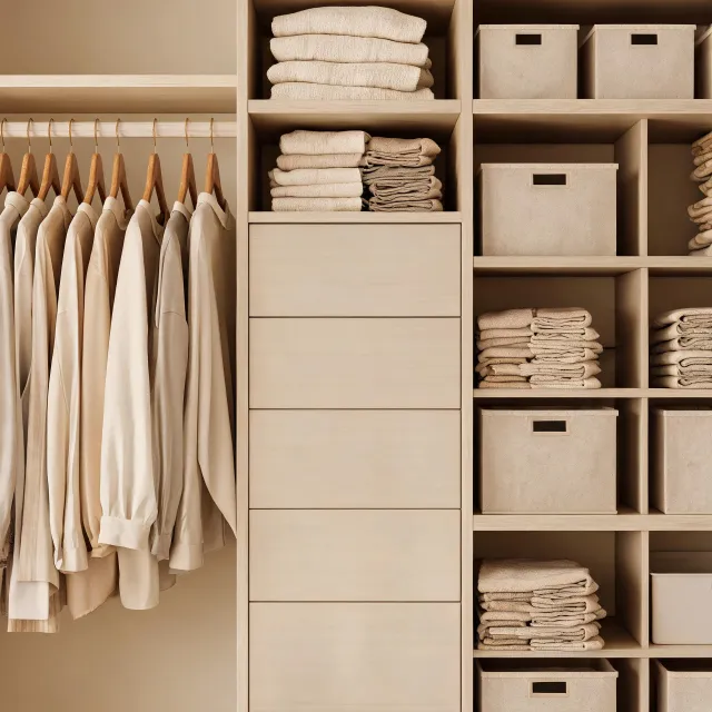 Closet fabric bins and narrow drawer tower