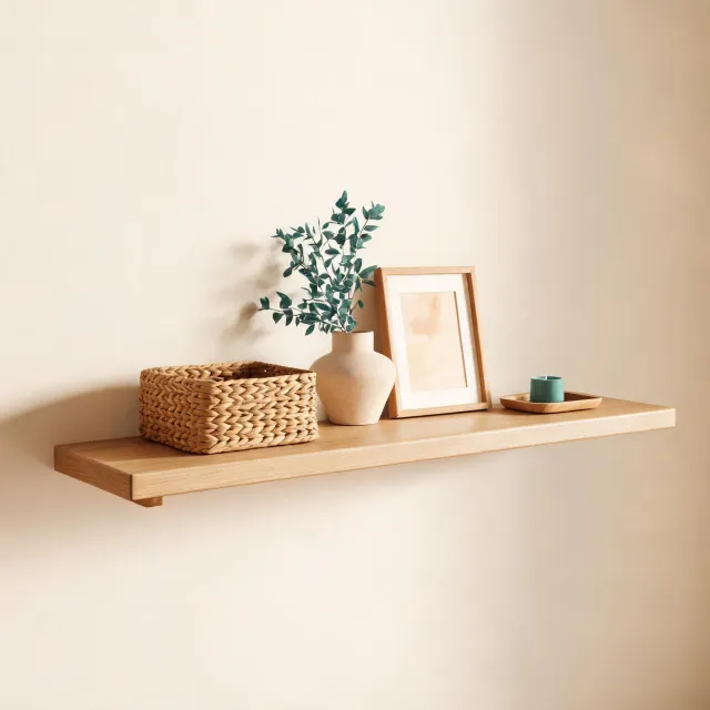 Decor shelf with baskets and sculptural accents