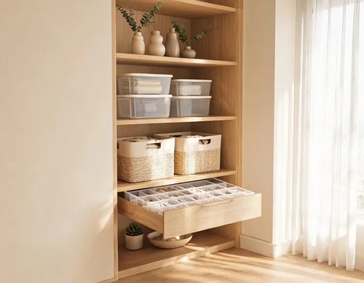 mDesign storage bins and home decor on shelves